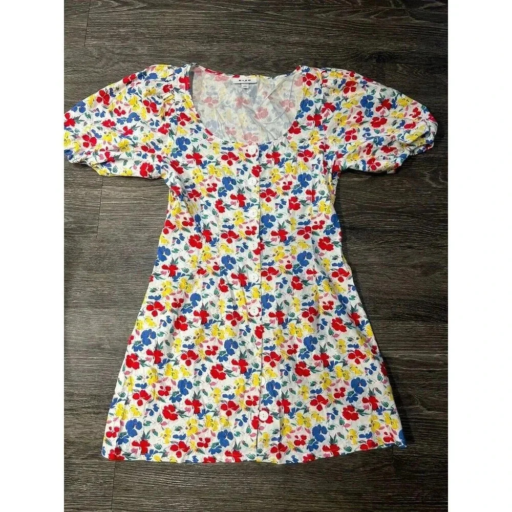 RIXO x‎ Target Dress White Floral Babydoll Linen Short Sleeve Button-Up A-Line